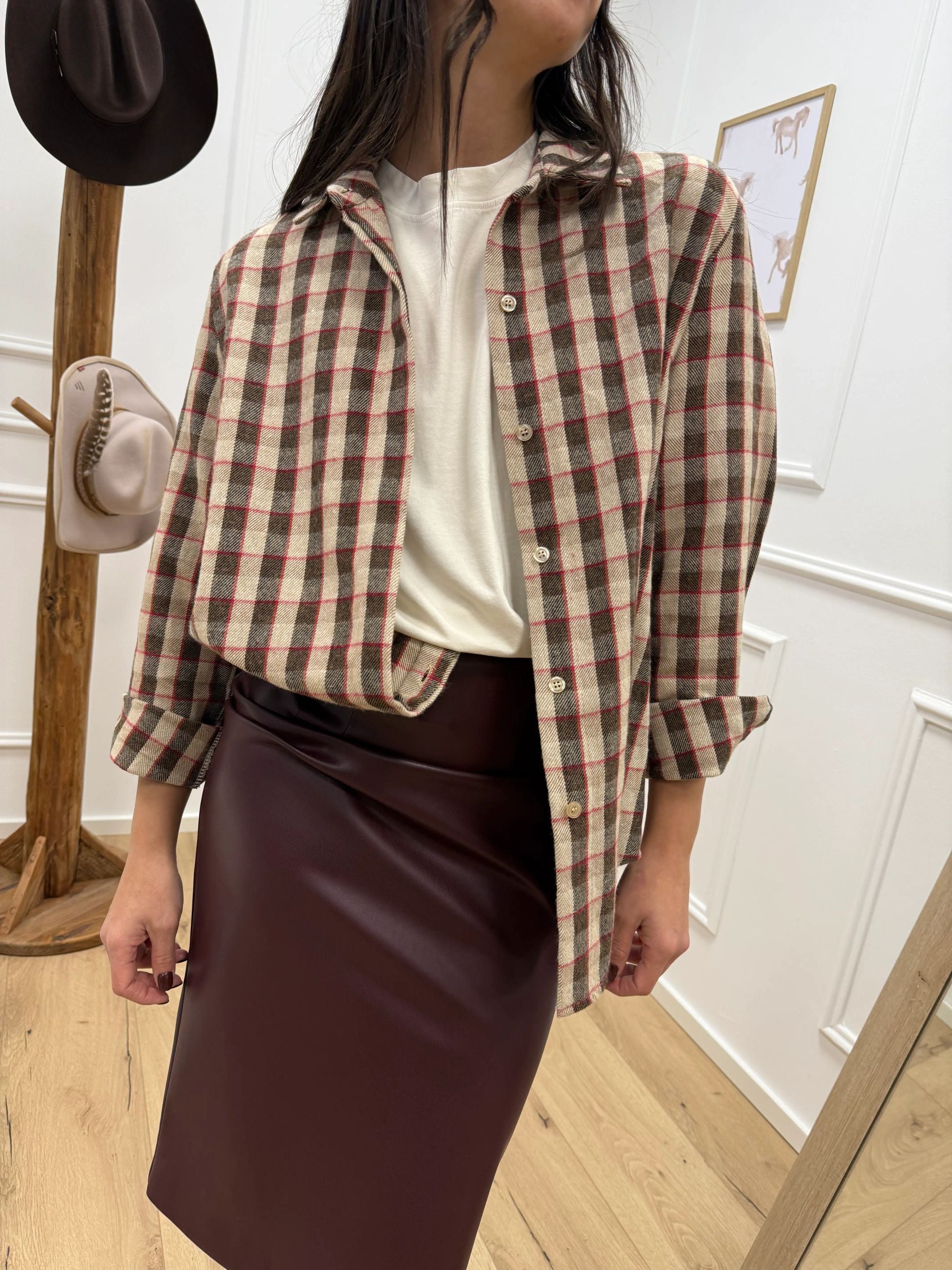 Camicia check camel, beige, rosso in flanella - HaveOne