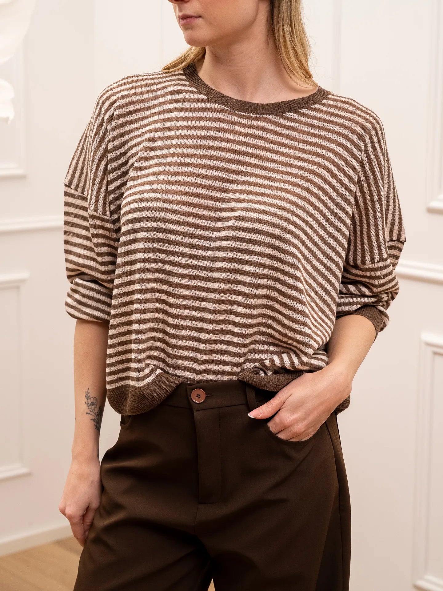 Maglia rigata cipria, moka viscosa leggera - Dixie