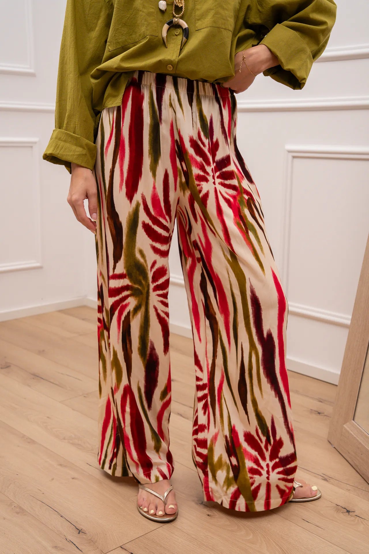 Pantaloni fluidi Tropical multicolor oliva - HaveOne