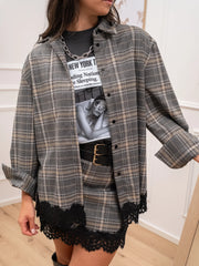 Camicia over grigia check con pizzo sul fondo - HaveOne