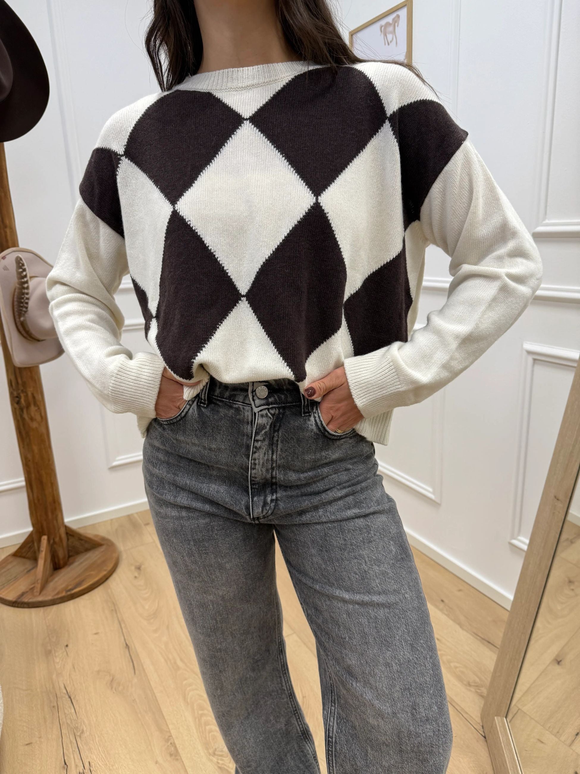 Maglia rombi panna e moro - Tensione In