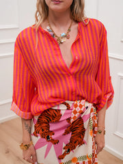 Camicia riga sottile arancio e fucsia in lyocell - HaveOne