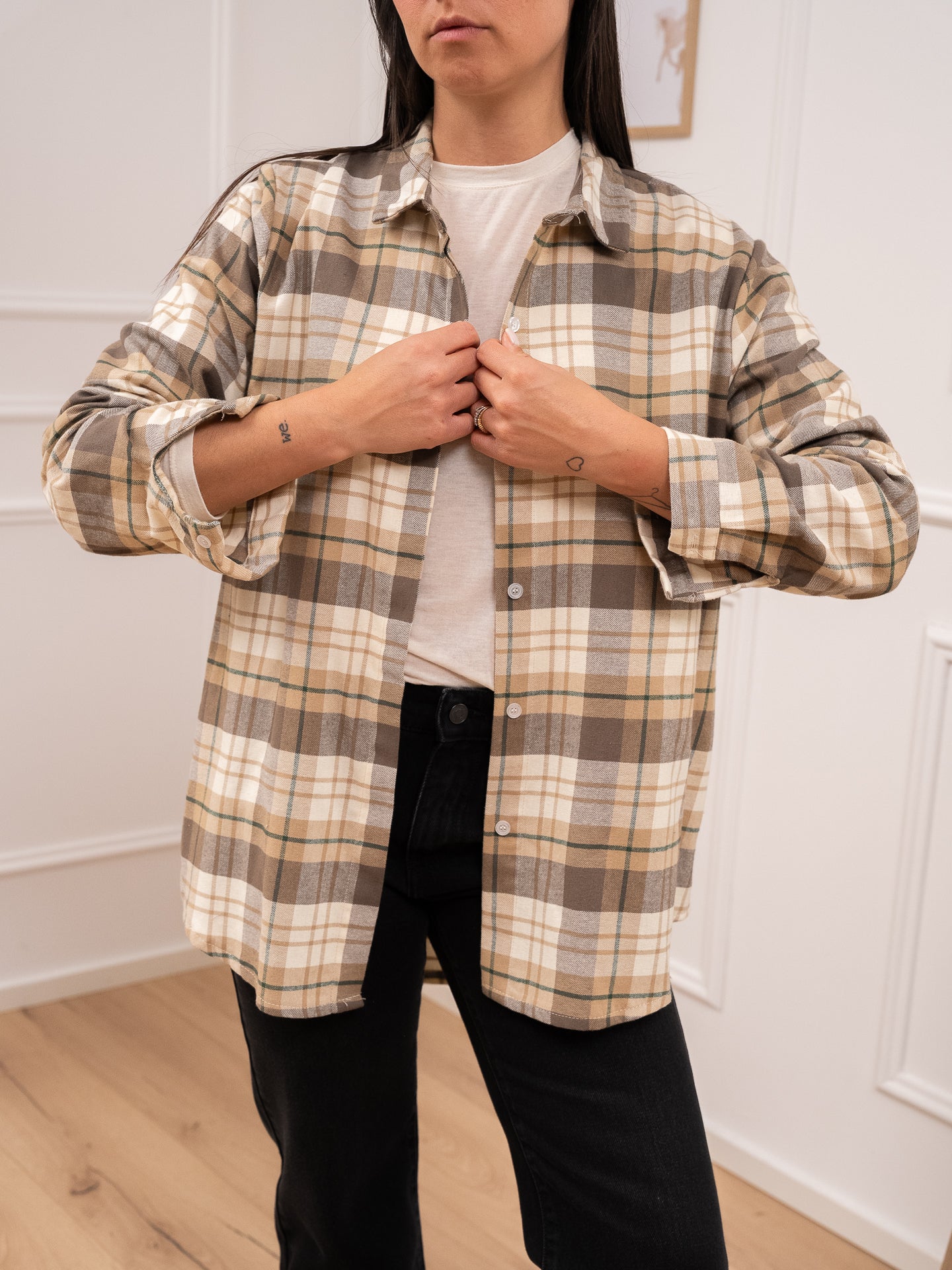 Camicia basic check beige, panna e verde in flanella - HaveOne