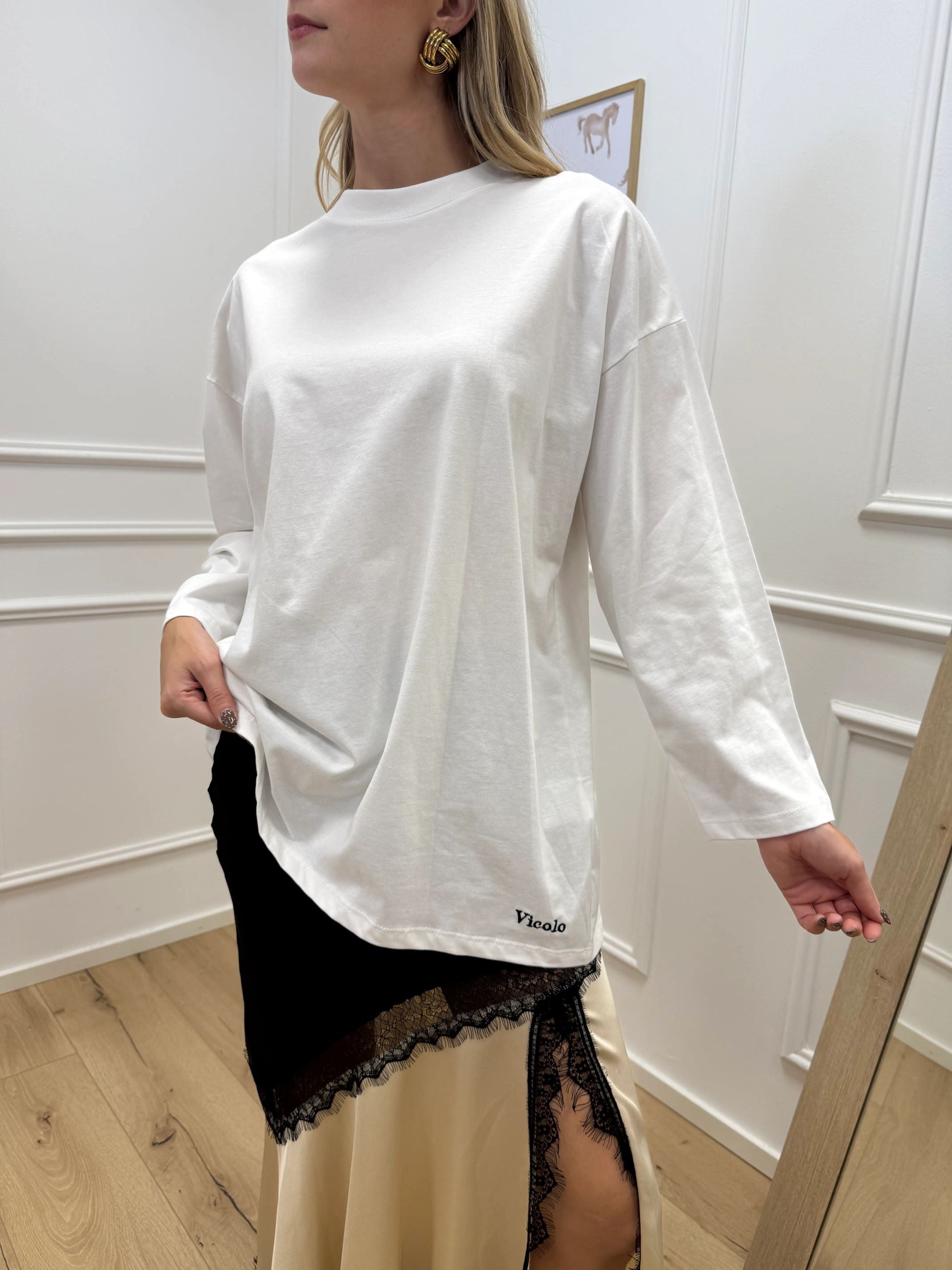 T shirt bianca manica lunga con ricamo logo - Vicolo