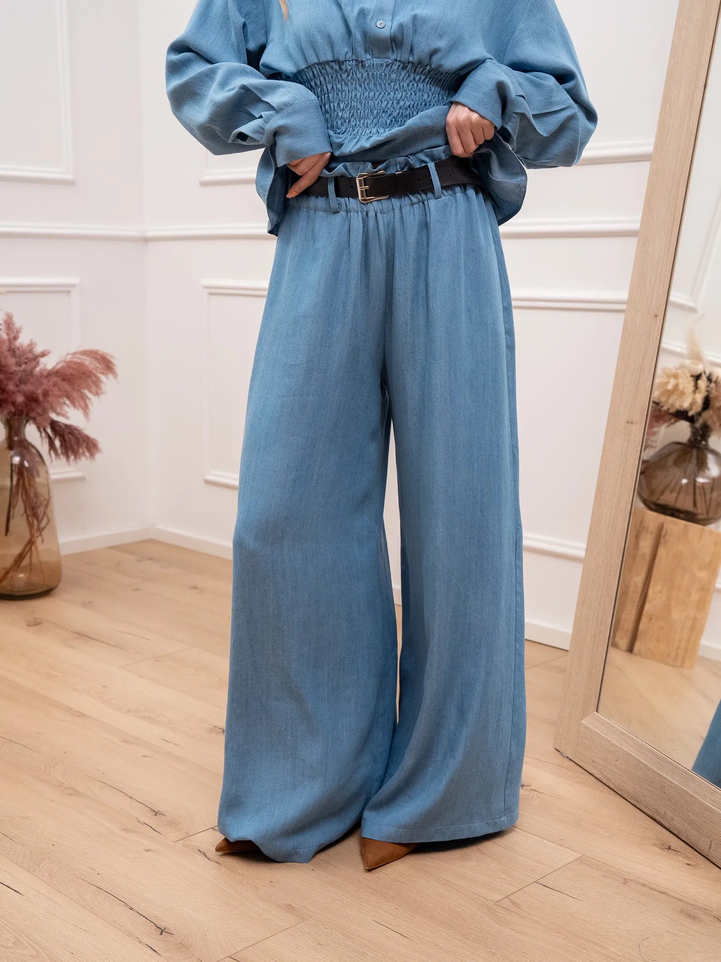 Pantaloni chambray gamba ampia con cintura - HaveOne