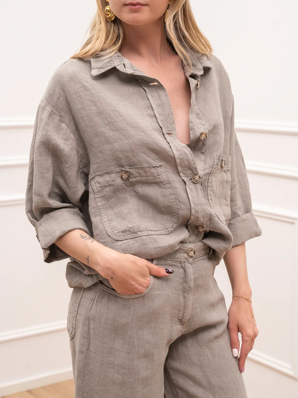 Giacca camicia tortora 100% lino - HaveOne