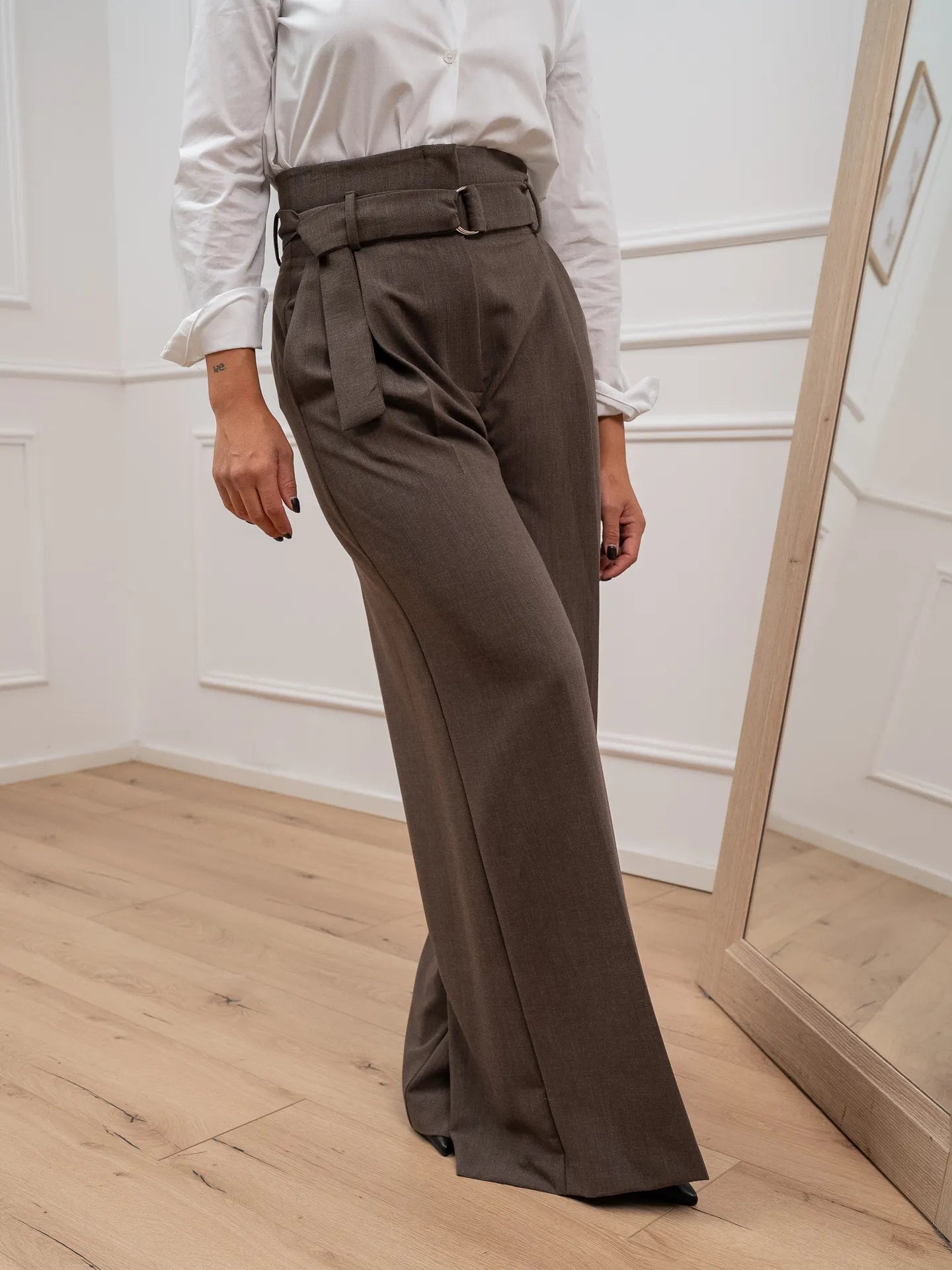 Pantaloni ampi fango mélange con cintura - Vicolo