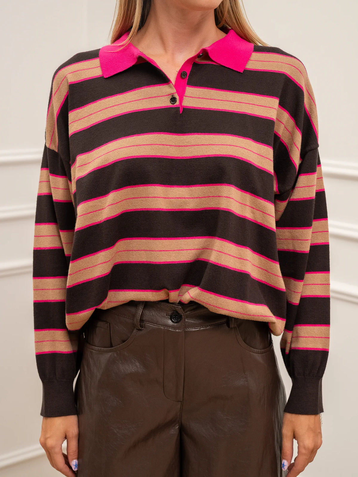 Maglia polo rigata moro, fucsia e beige - Vicolo
