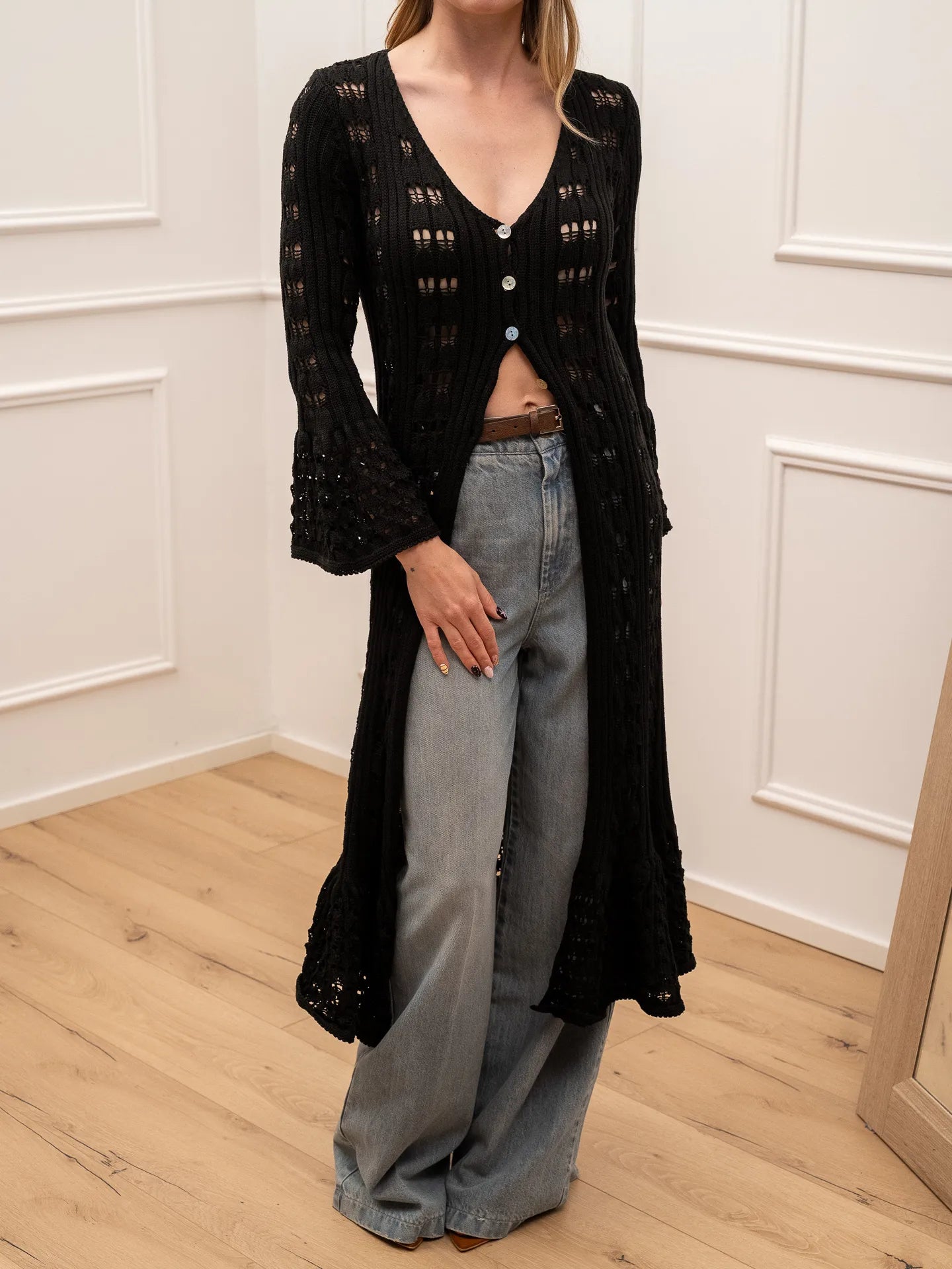 Maxi cardigan Pietrasanta crochet nero - Crispy
