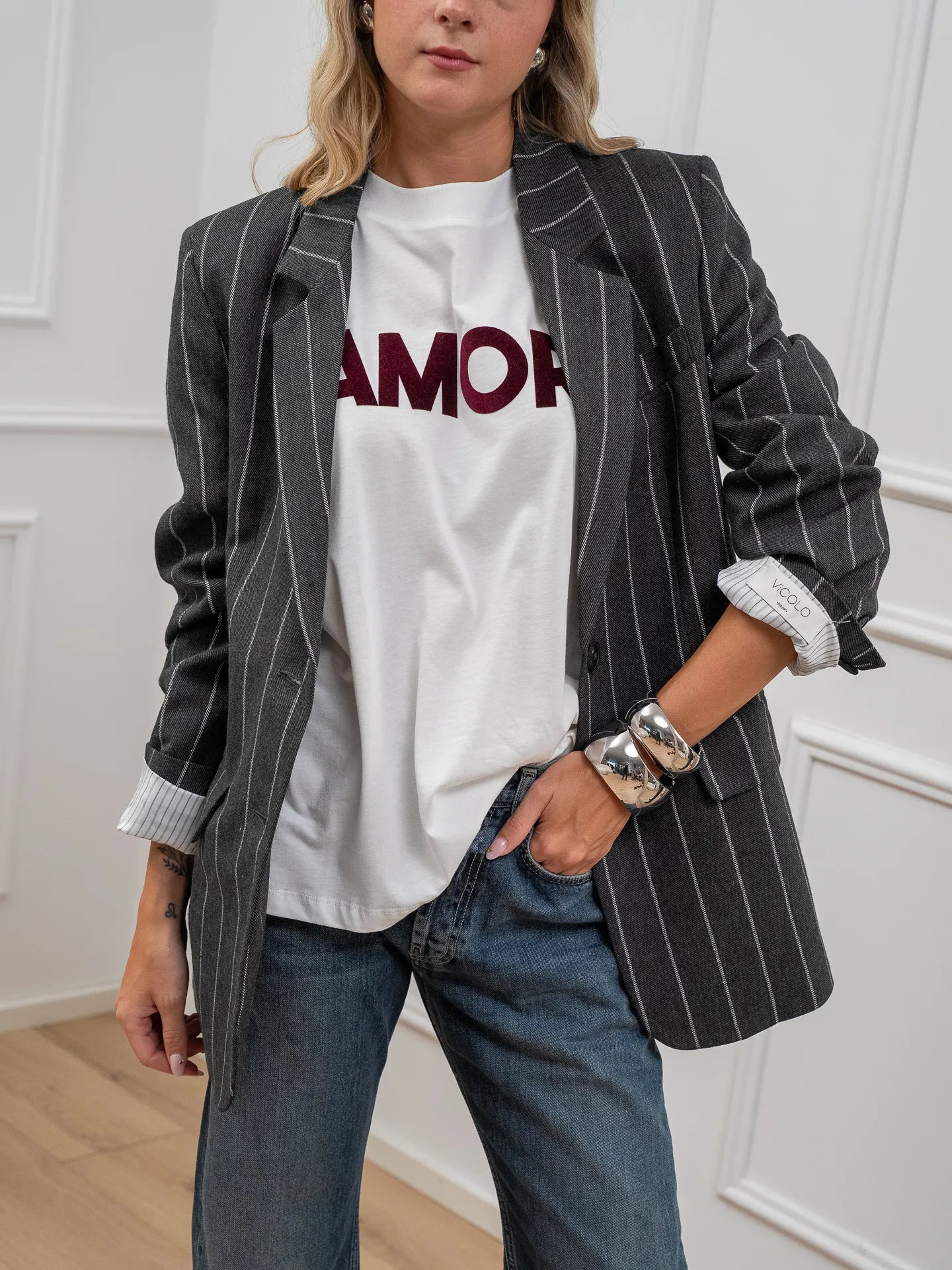 Giacca gessata grigia patch logo - Vicolo