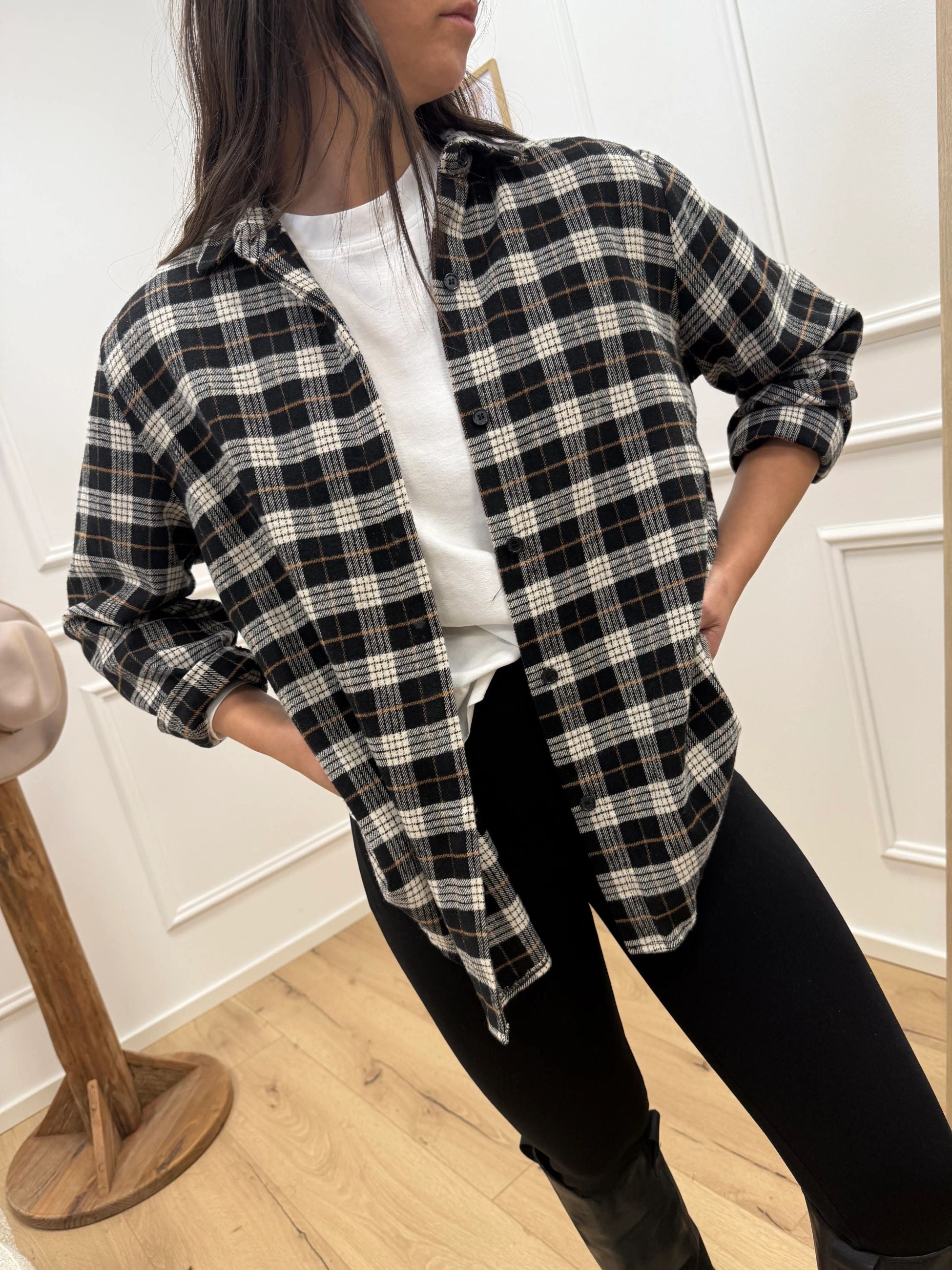 Camicia check nero, panna, tabacco in flanella - HaveOne