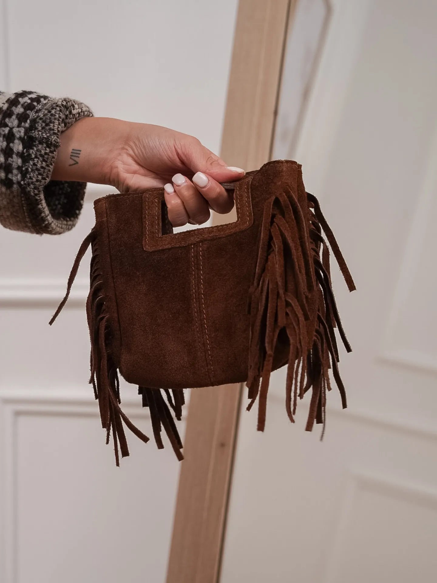 Borsa mini scamosciata marrone con frange - HaveOne