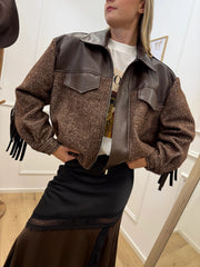 Bomber in ecopelle e lana moro con frange - HaveOne