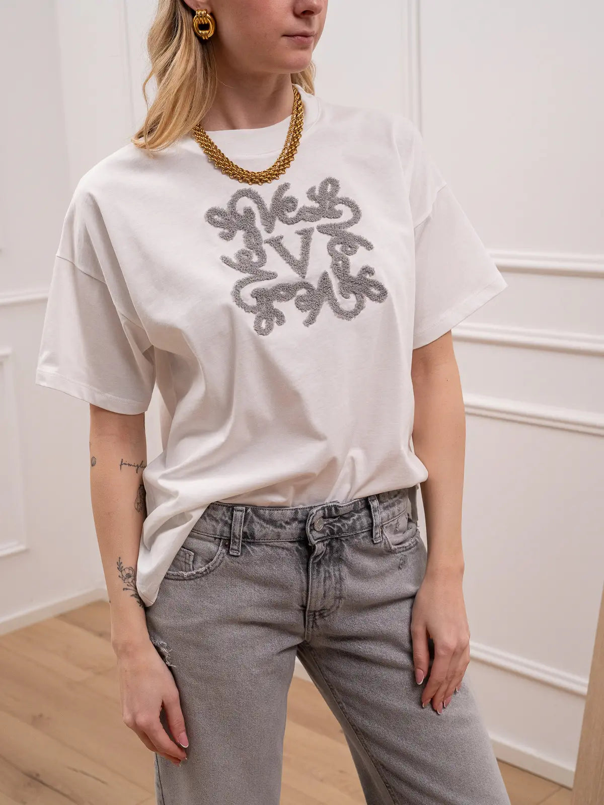 T shirt bianca logo bouclé grigio - Vicolo