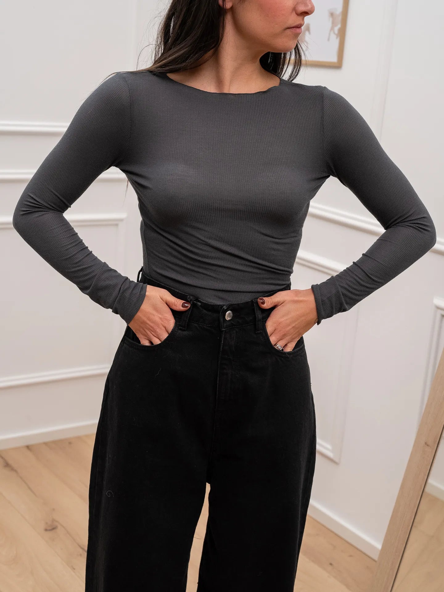 Maglia a costine piombo in cashmere con ricciolo - Dixie