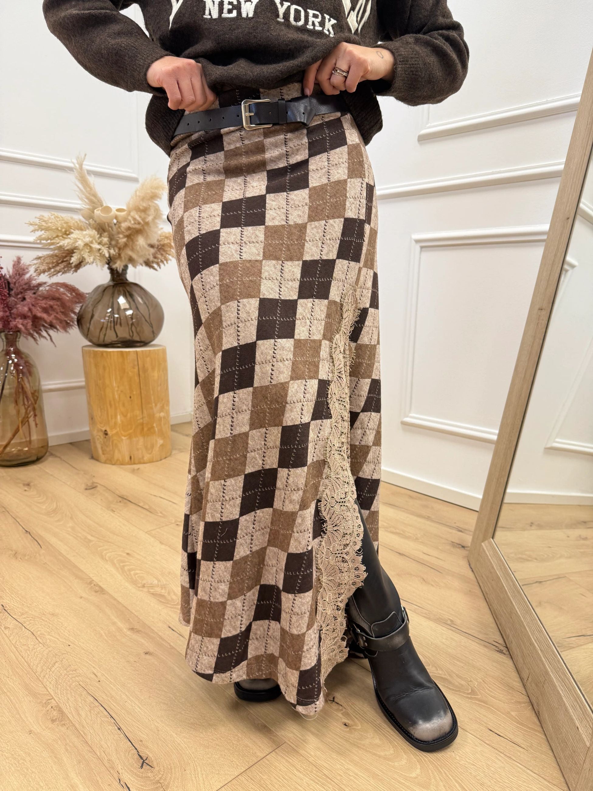 Gonna soft touch moro, beige spacco con pizzo - HaveOne