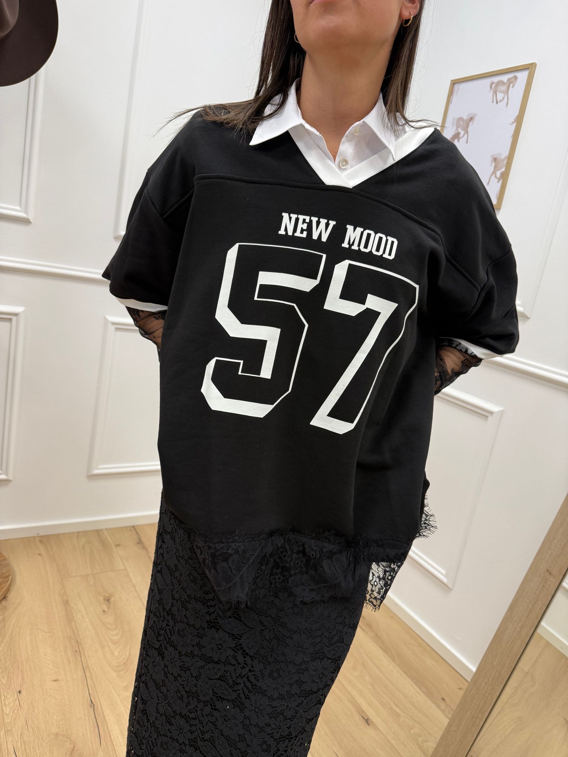 T shirt baseball nera con pizzo - Vicolo