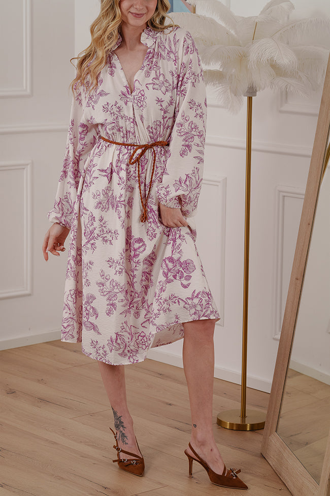 Vestito midi burro con camelie magenta - Dixie