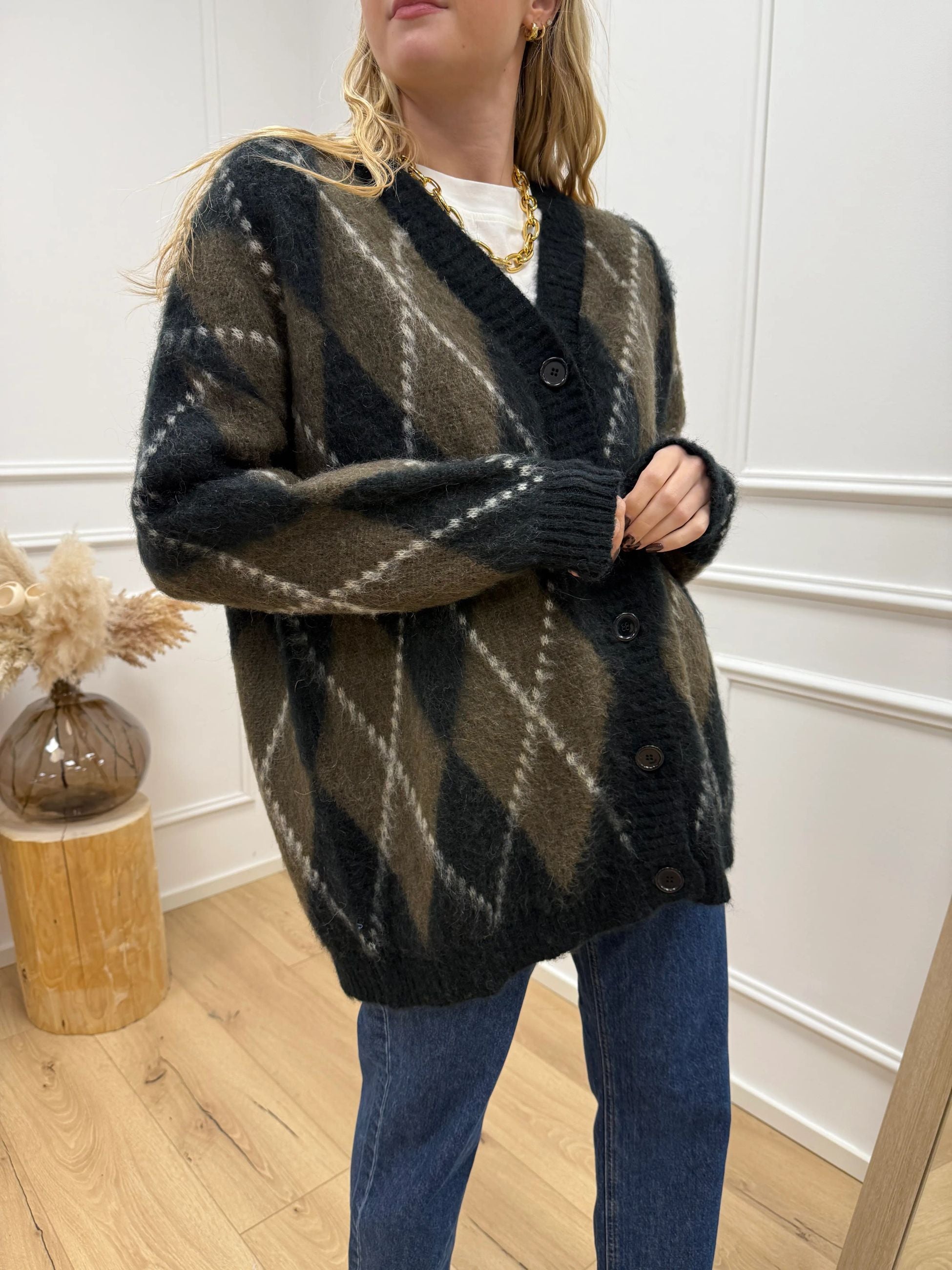 Cardigan over rombi nero, moro e panna - Kontatto