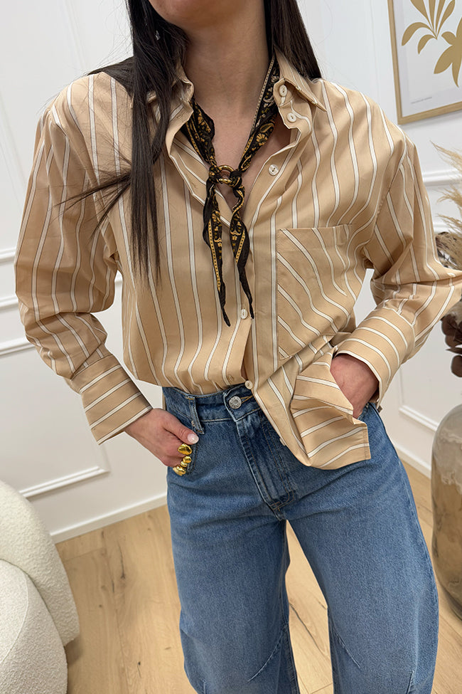 Camicia beige rigata bianca tasca lato cuore - HaveOne