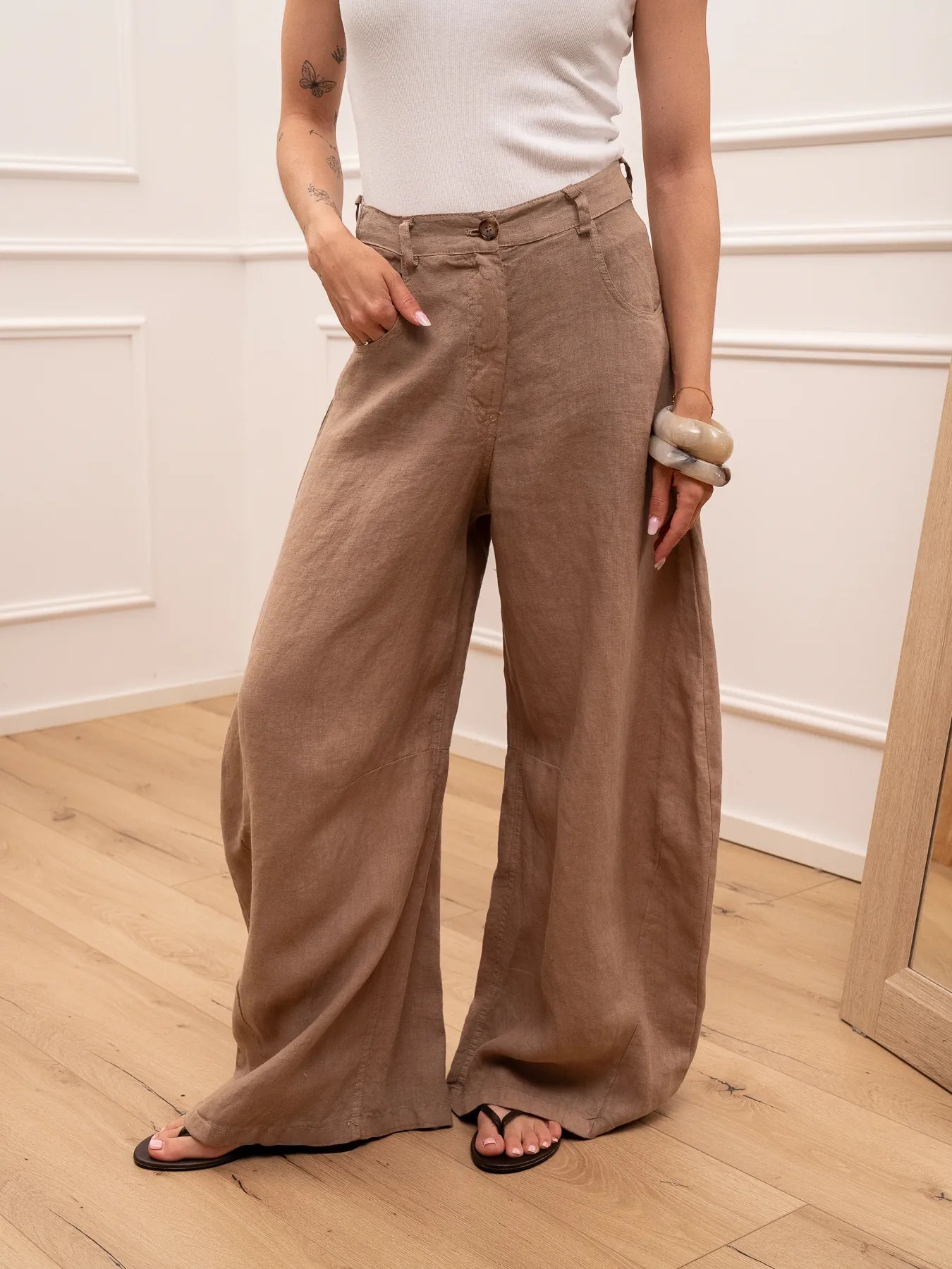 Pantaloni Louvre cammello 100% lino - Tensione In