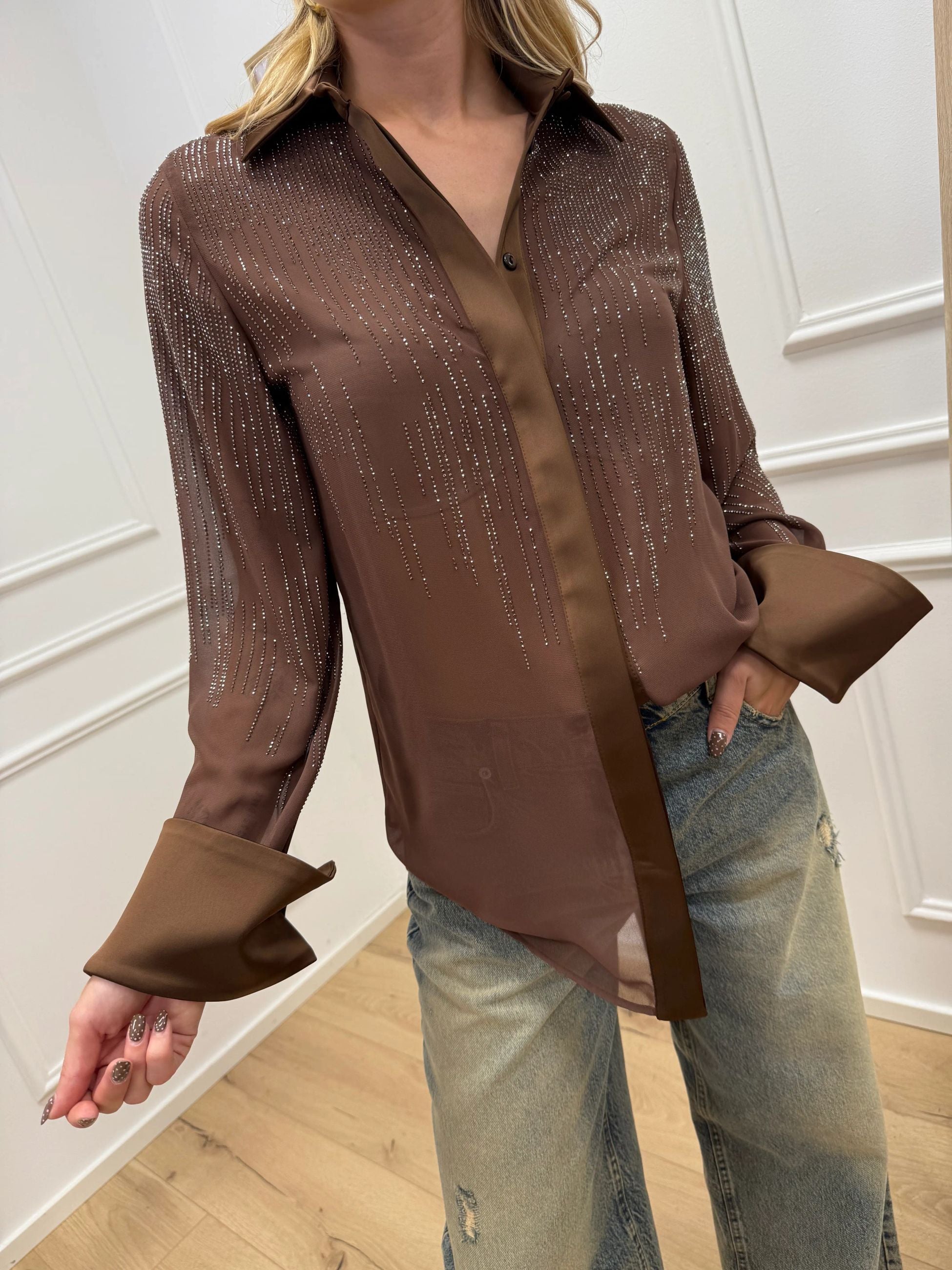 Camicia cioccolato dettagli in raso e strass - Silence Limited