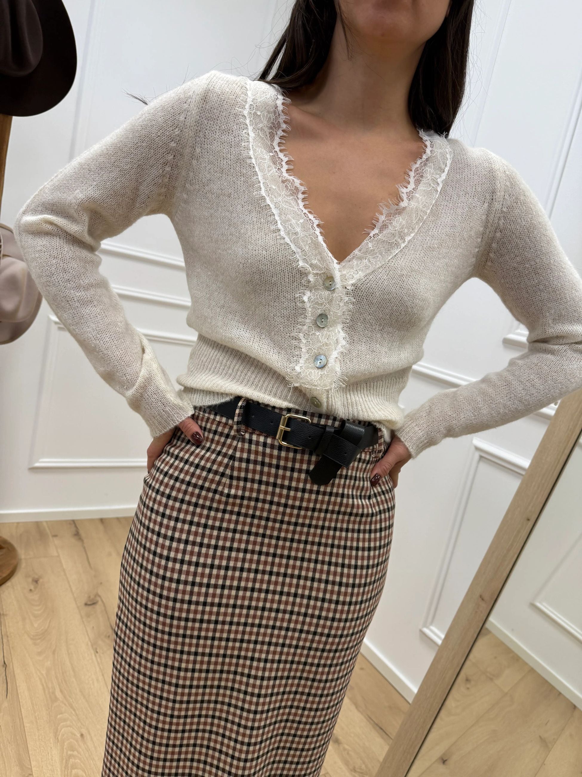 Cardigan panna scollo a v con pizzo - HaveOne