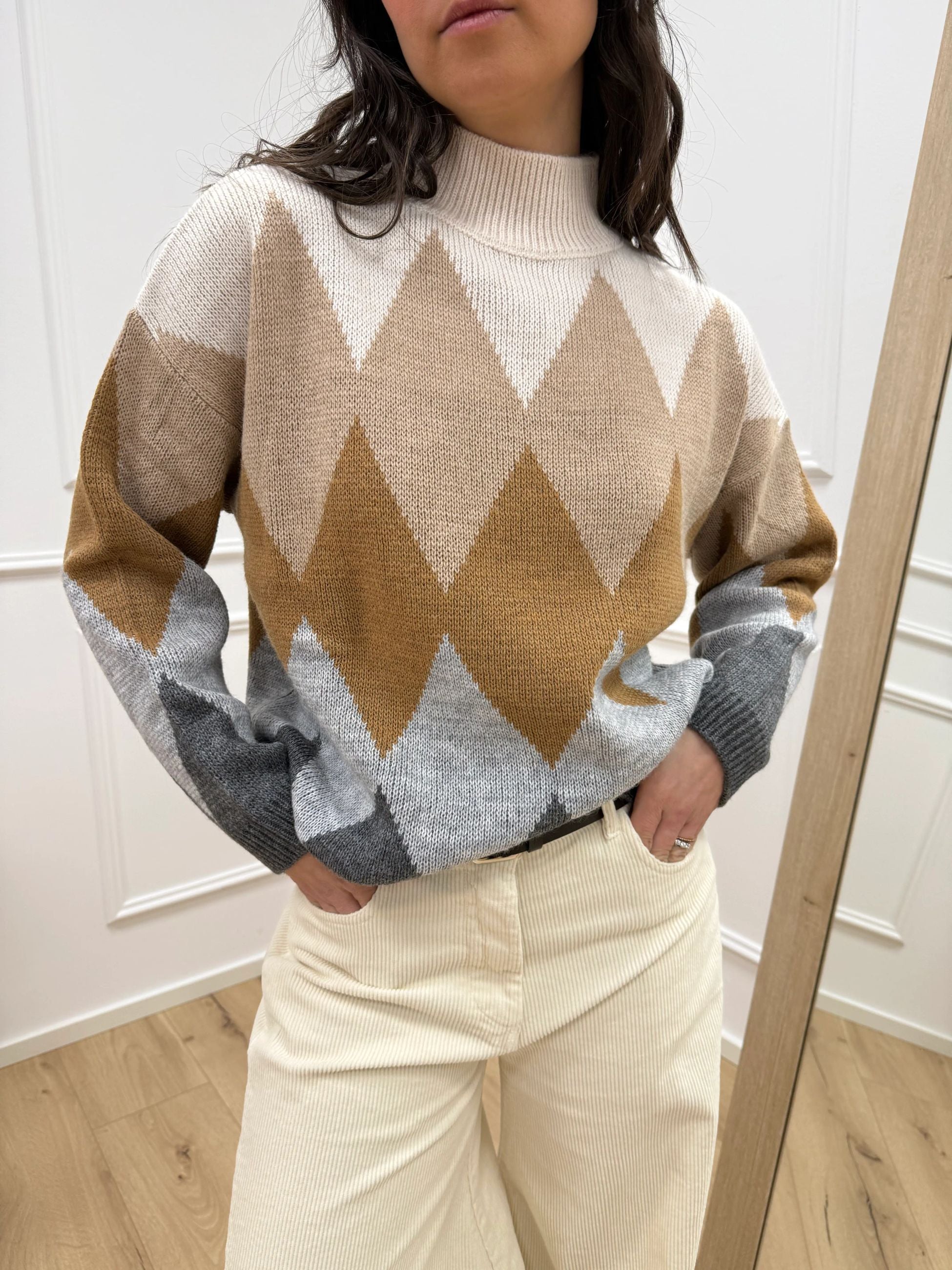 Maglia collo alto a rombi panna, antracite, cuoio e grigio - HaveOne