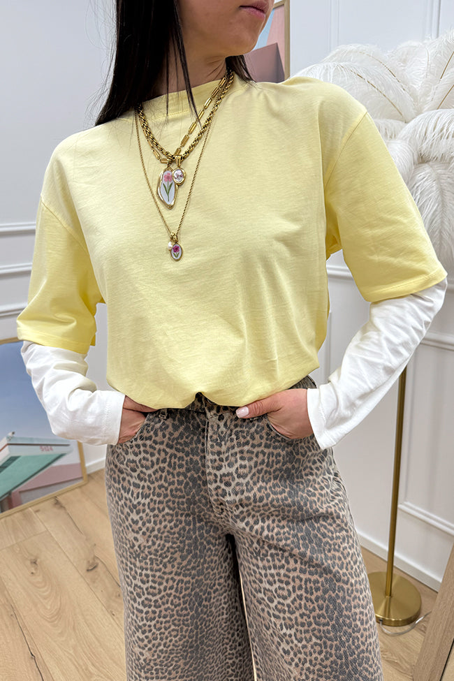 T shirt giallo pastello con manica bianca - HaveOne