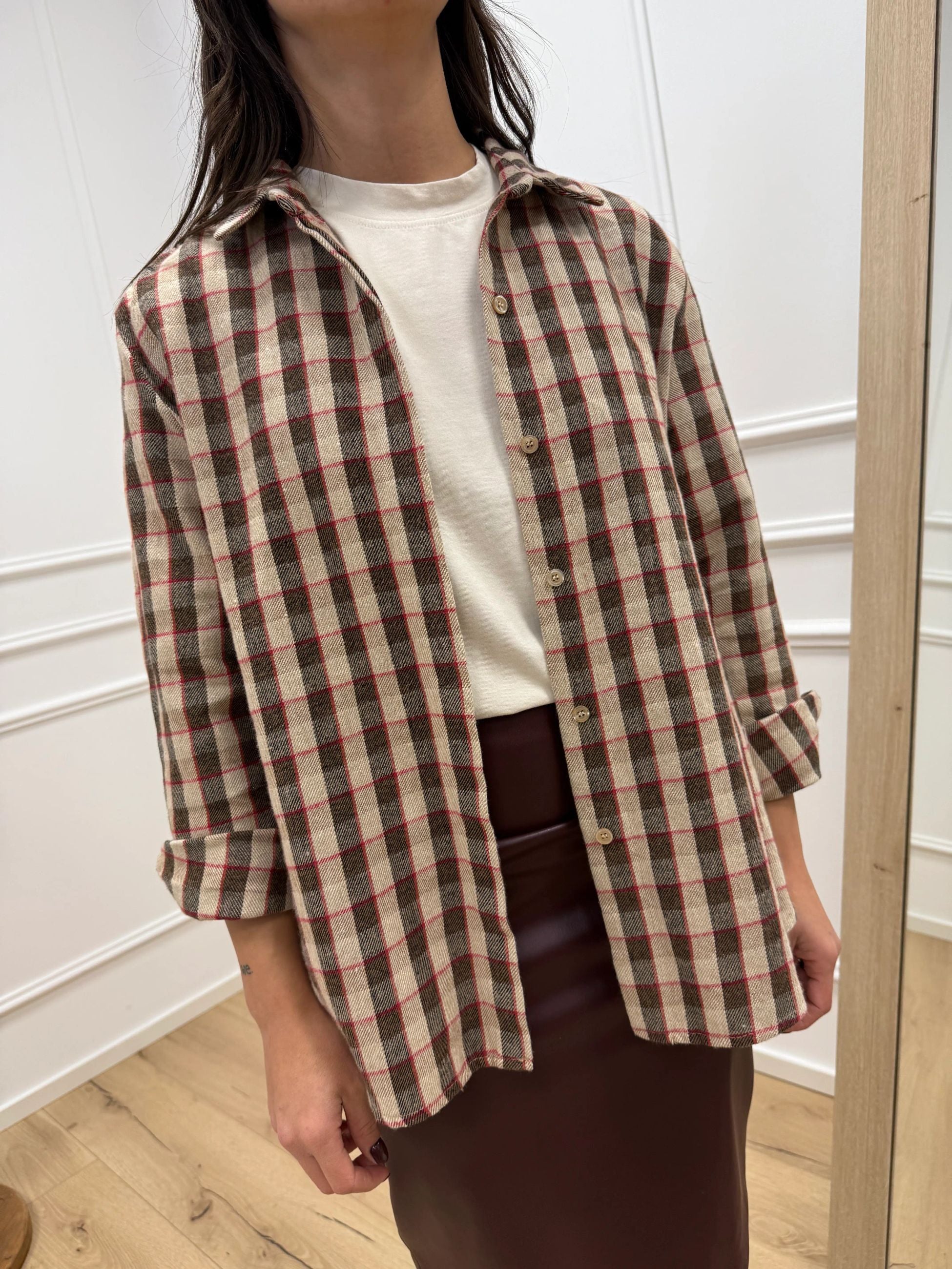 Camicia check camel, beige, rosso in flanella - HaveOne