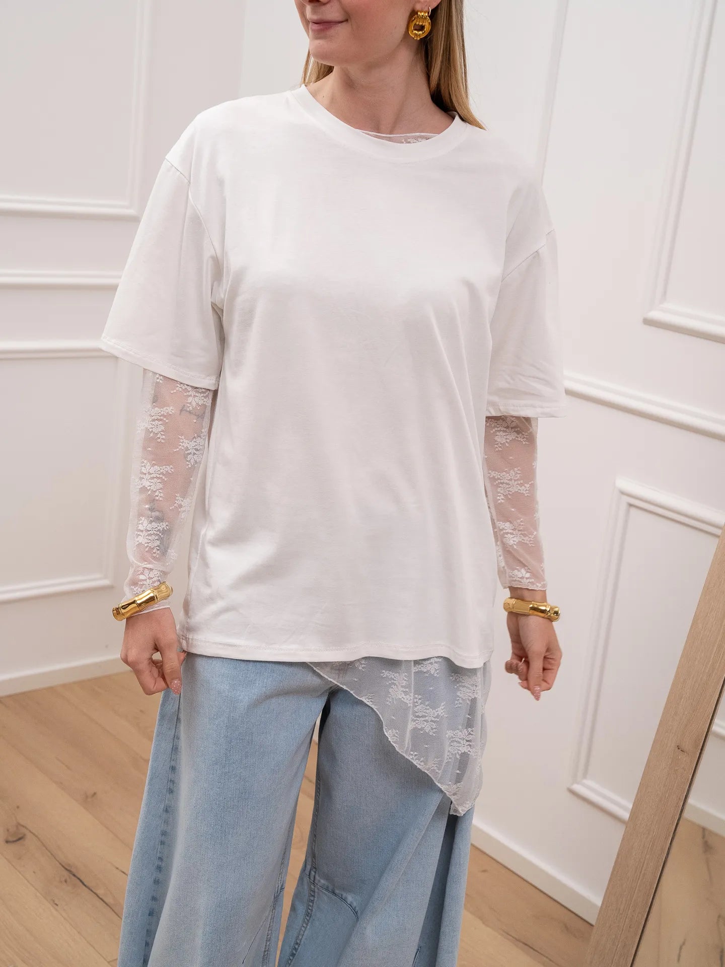 T shirt in pizzo Lavinia bianca taglio obliquo - Crispy
