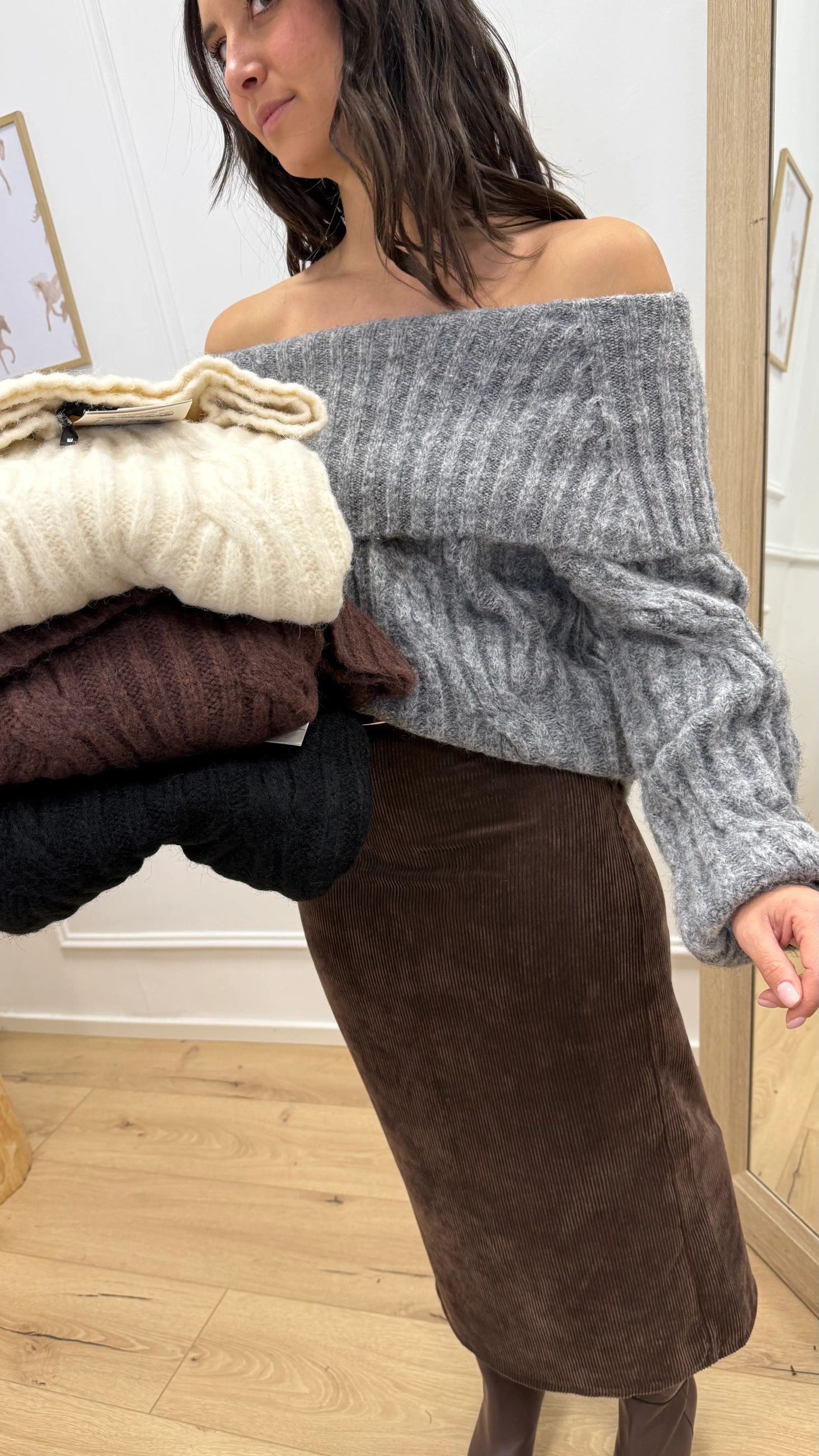 Maglia maxi scollo shiffer grigio a coste - HaveOne