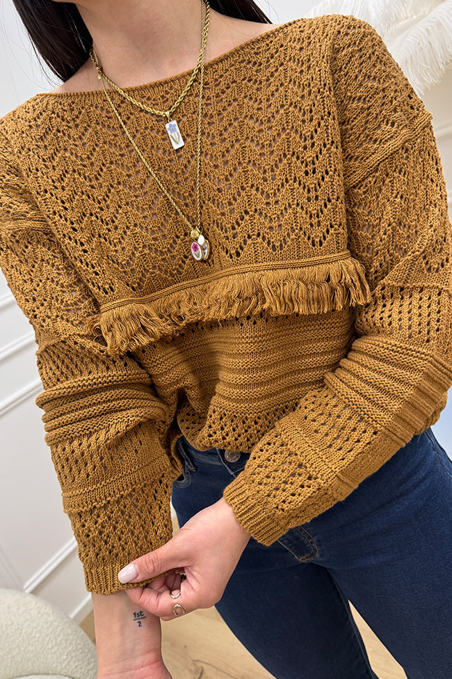 Maglia traforata cammello con passamaneria - Vicolo