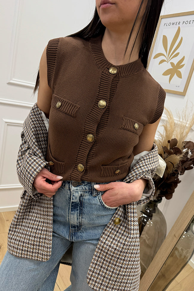 Gilet tricot moka con bottoni dorati - Vicolo