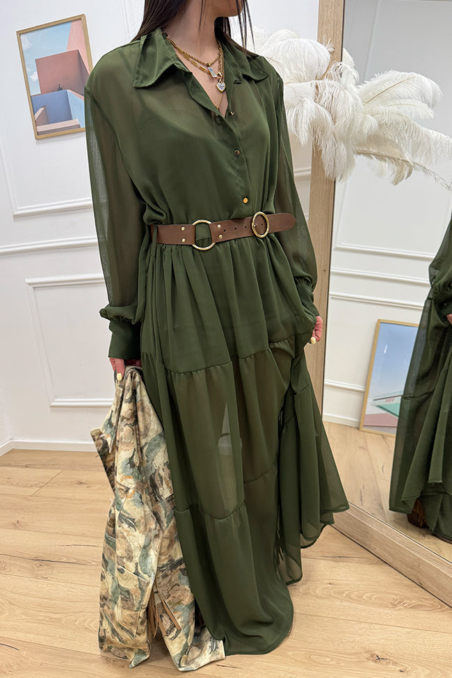 Vestito verde militare con cintura e balze - HaveOne