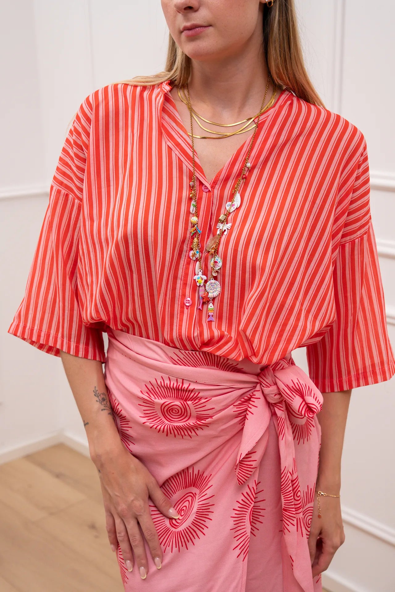 Camicia Daily rigata rosa in mussola di cotone - Tensione In