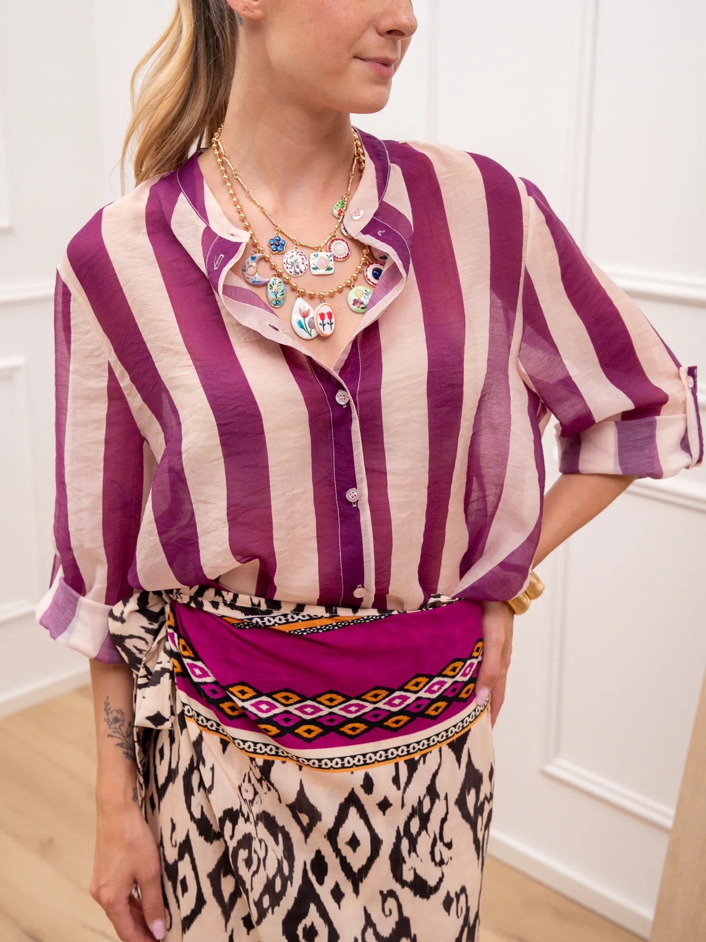 Camicia riga larga burro e viola in lyocell - HaveOne
