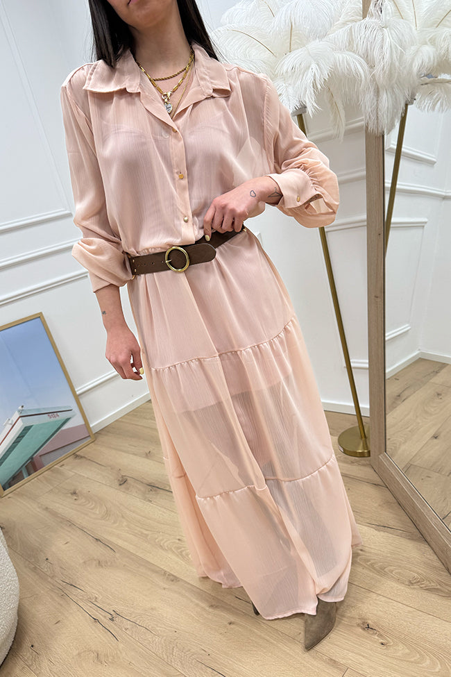Vestito cipria con cintura e balze - HaveOne