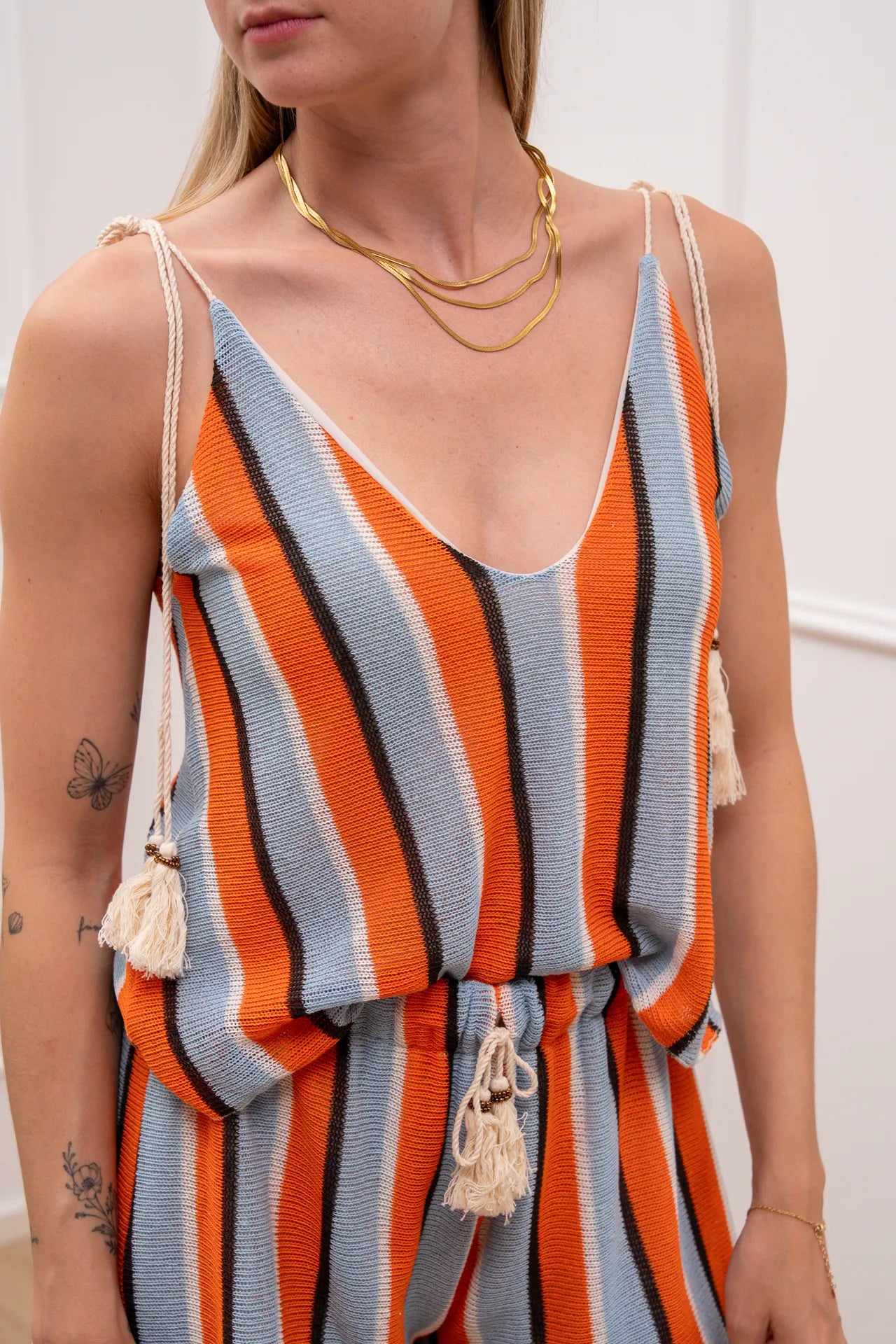 Top Seaside celeste e arancio con nappine - HaveOne