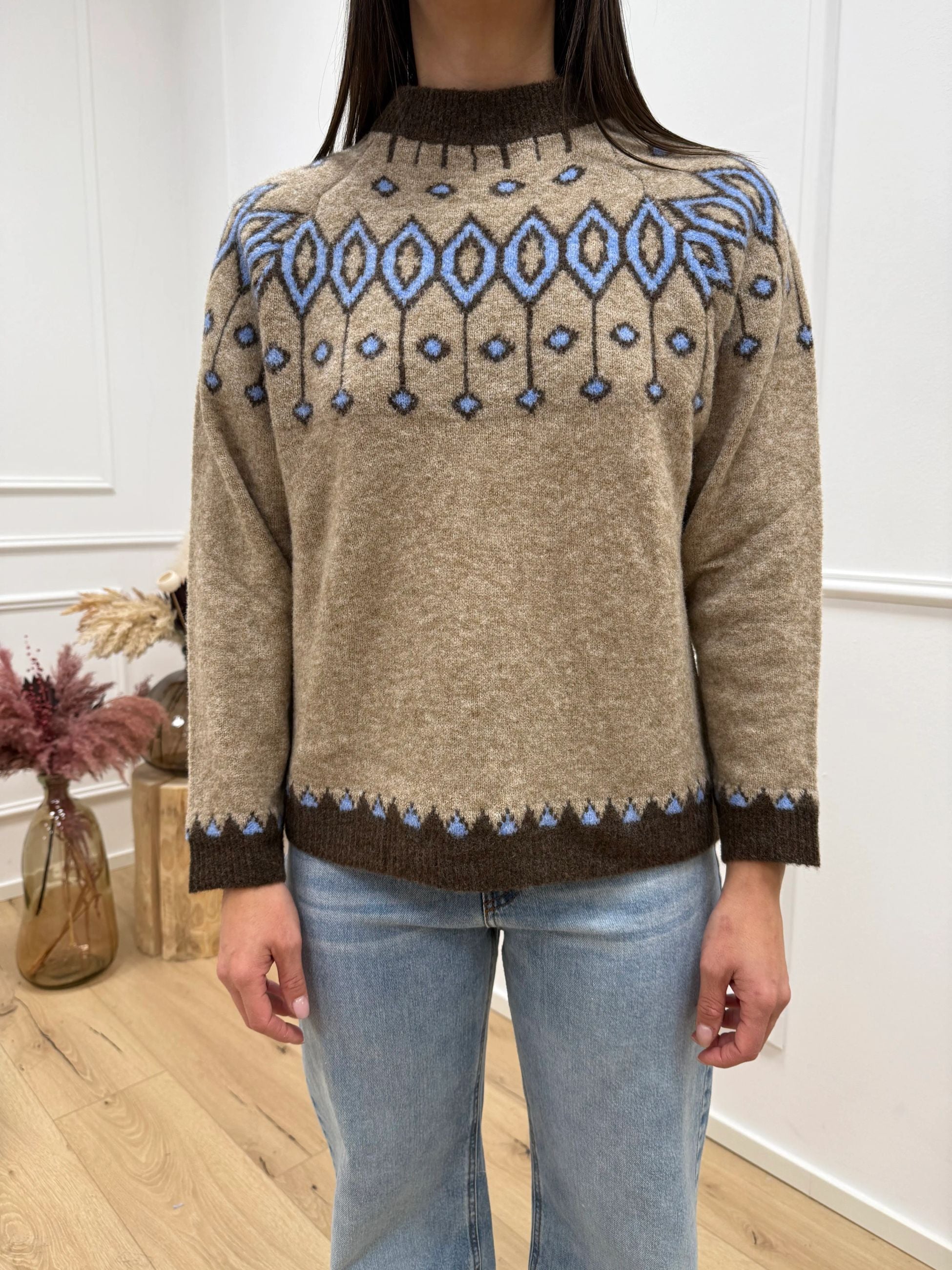 Maglia jacquard beige, moro e celeste - HaveOne