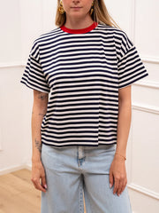 T shirt rigata blu e panna con colletto rosso - HaveOne