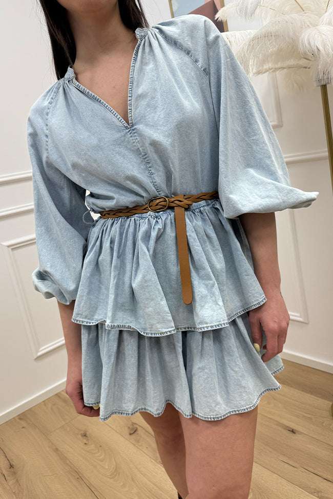 Vestito in chambray con balze e cinta - Tensione In