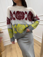 Maglia jacquard righe e fiori grigio, lime, perla, panna, vino - HaveOne