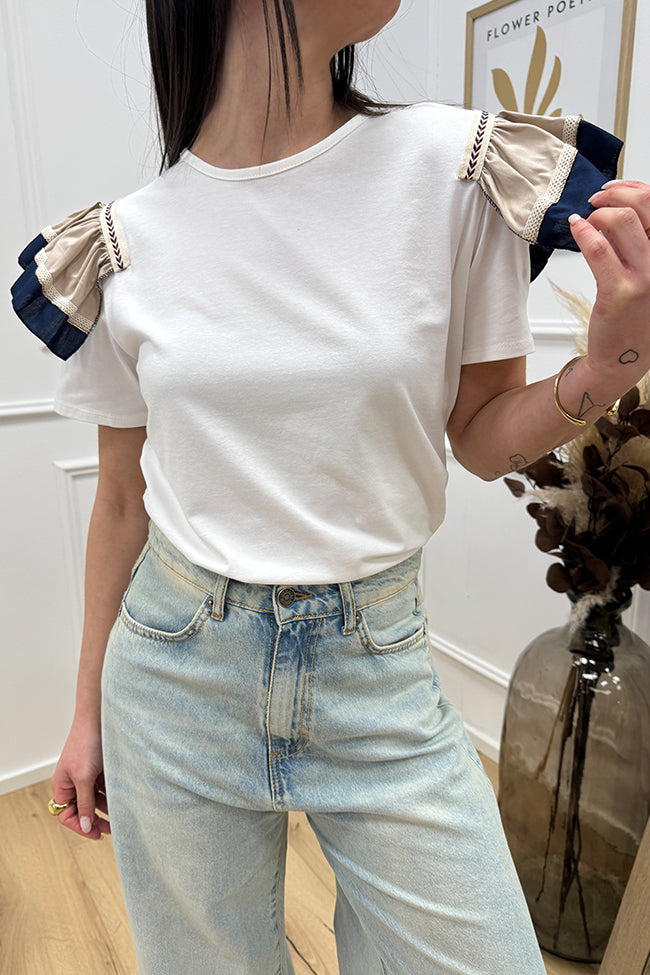 T shirt manica volant beige e blu con passamaneria - HaveOne