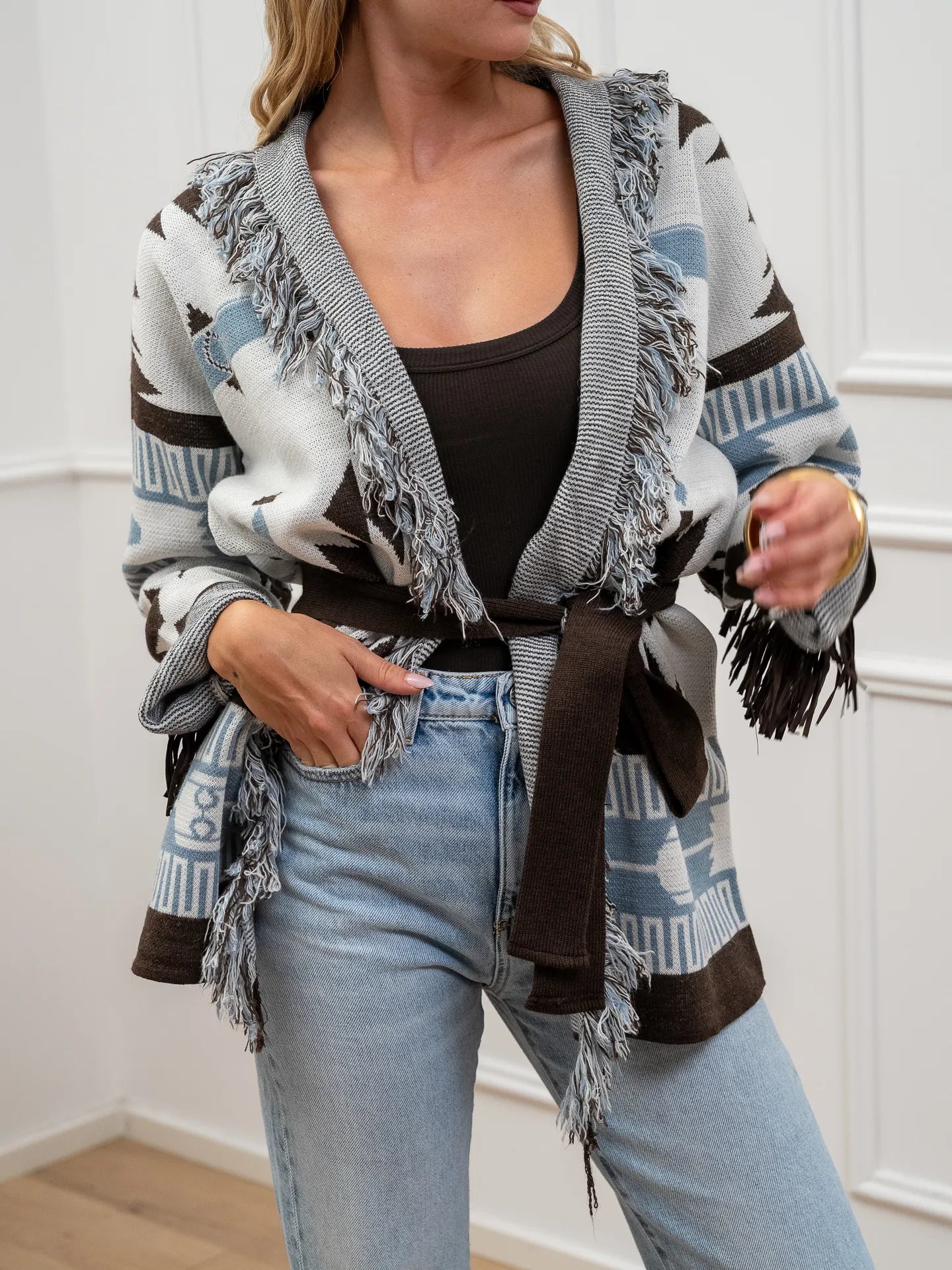 Cardigan carta zucchero e moka con frange - Vicolo