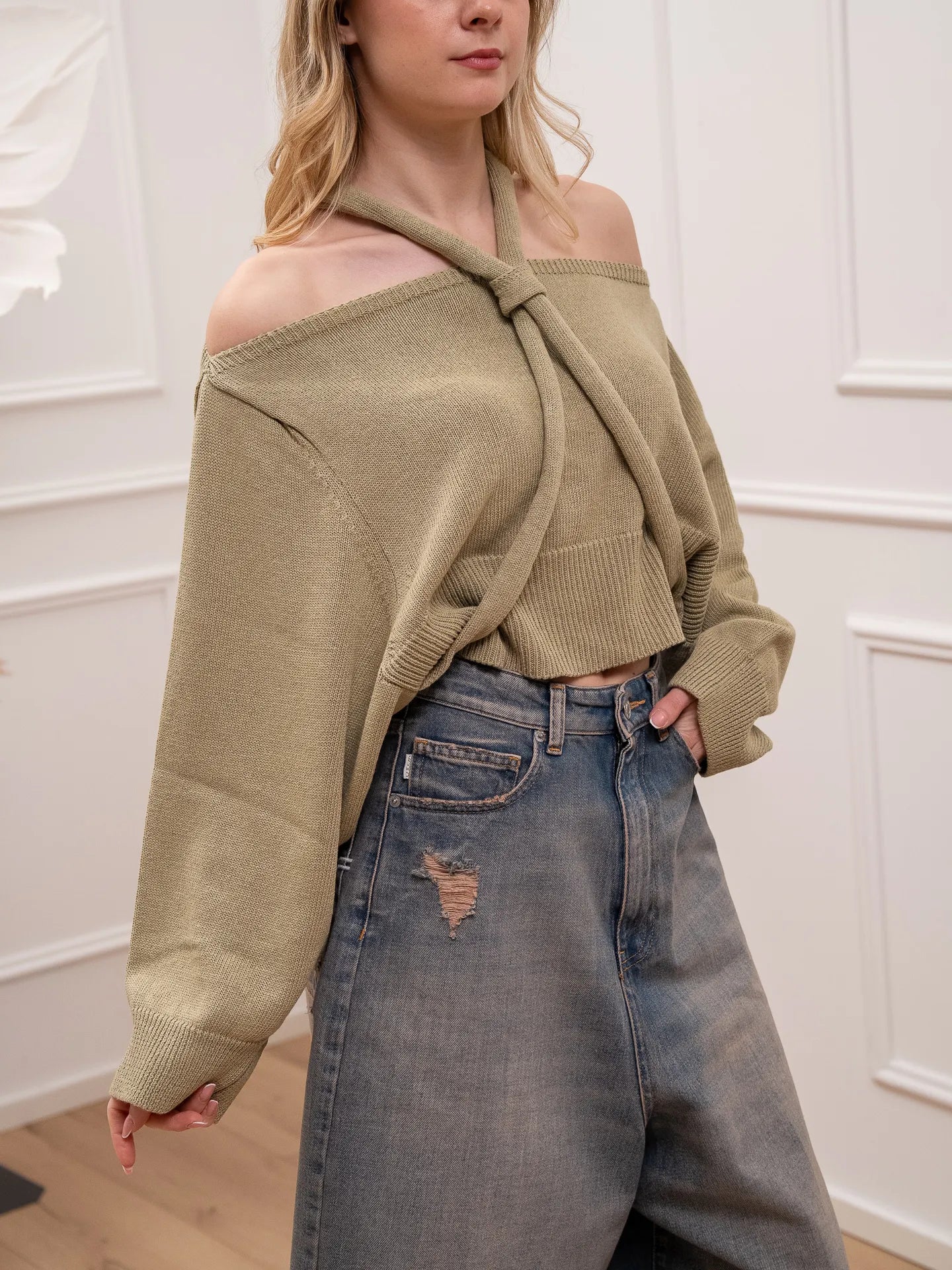 Maglia scollo a barca kaki con nodo - HaveOne