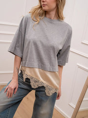 T shirt grigia fondo in satin e pizzo burro - Dixie