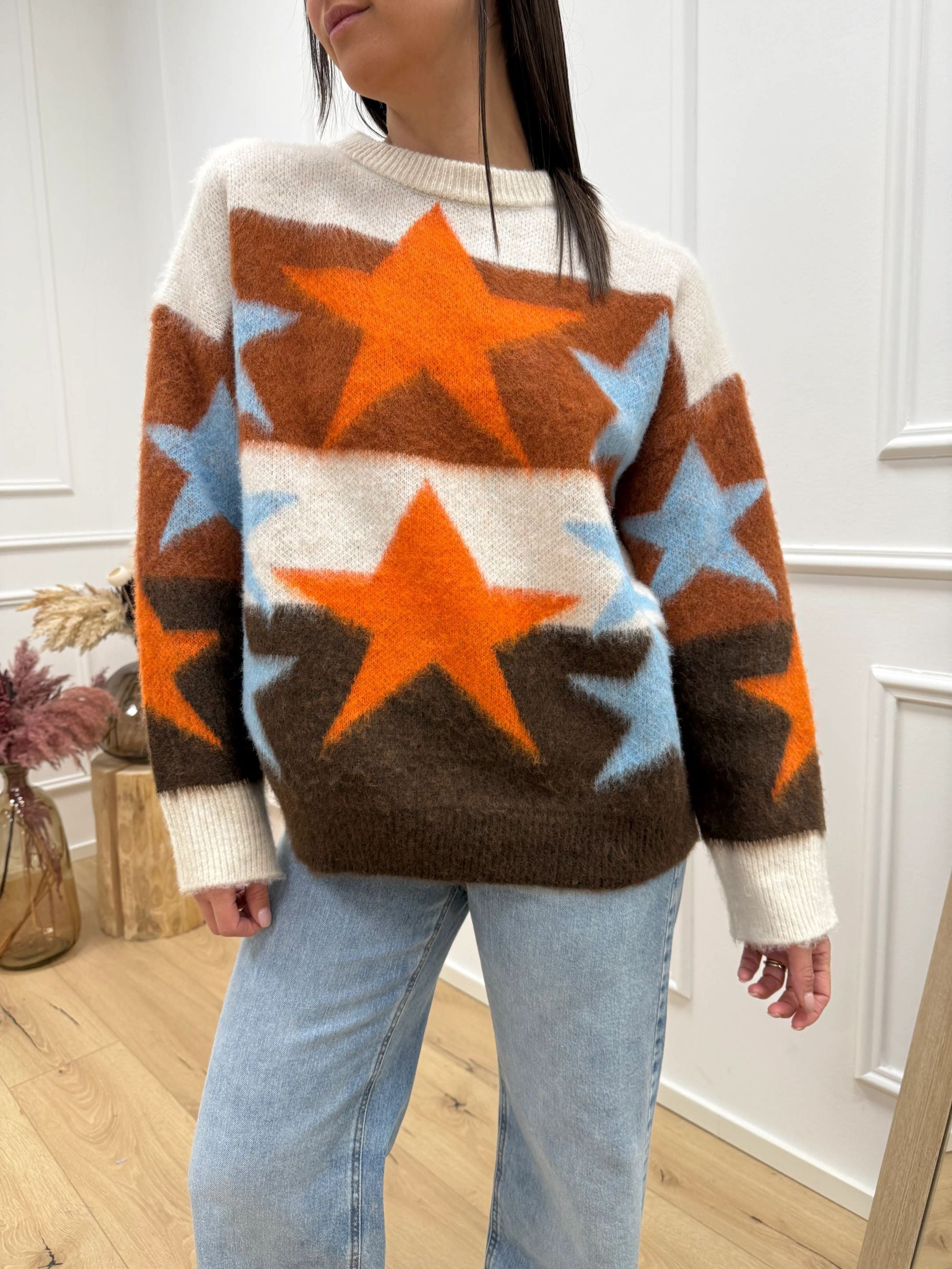 Maglia jacquard stelle moro, panna, coccio, arancio, azzurro - HaveOne