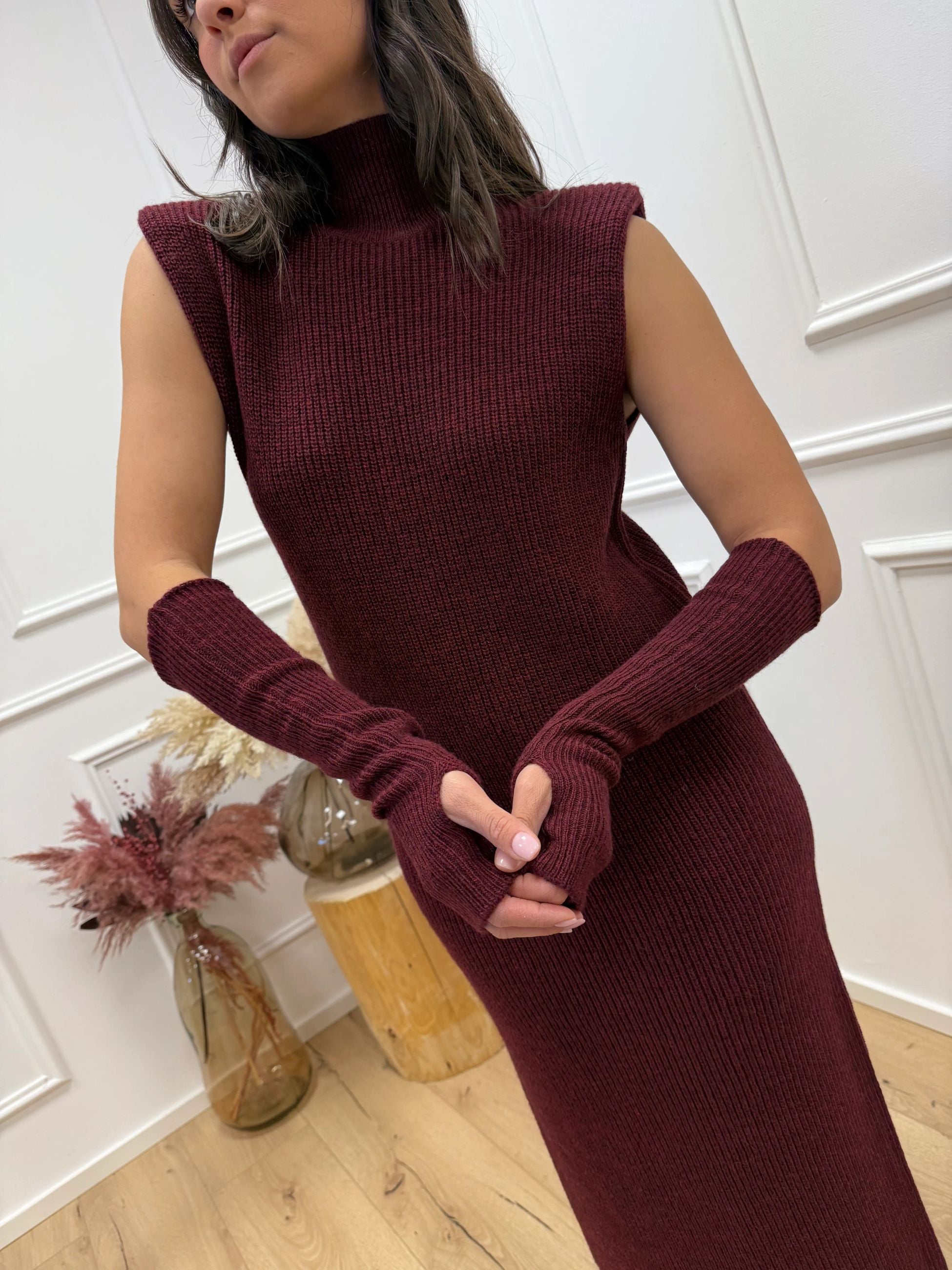 Vestito bordeaux a coste con manicotti - Kontatto