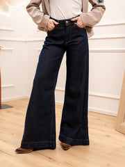 Jeans blu scuro gamba ampia cuciture camel - Philia Loft